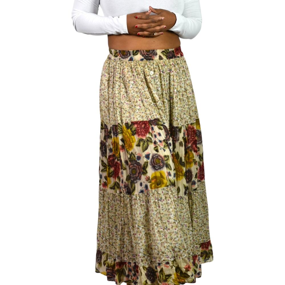 Vintage Tangibles Broomstick Skirt Tan Floral Tier Maxi Gauzy Rayon India Medium - Picture 12 of 16